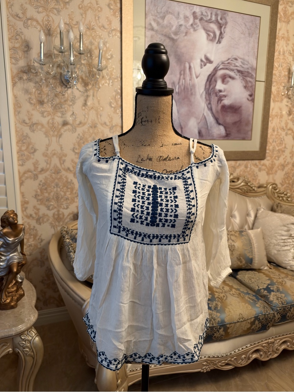 American Rag—White Peasant Blouse with Navy Embroidery - Boho Women's Top